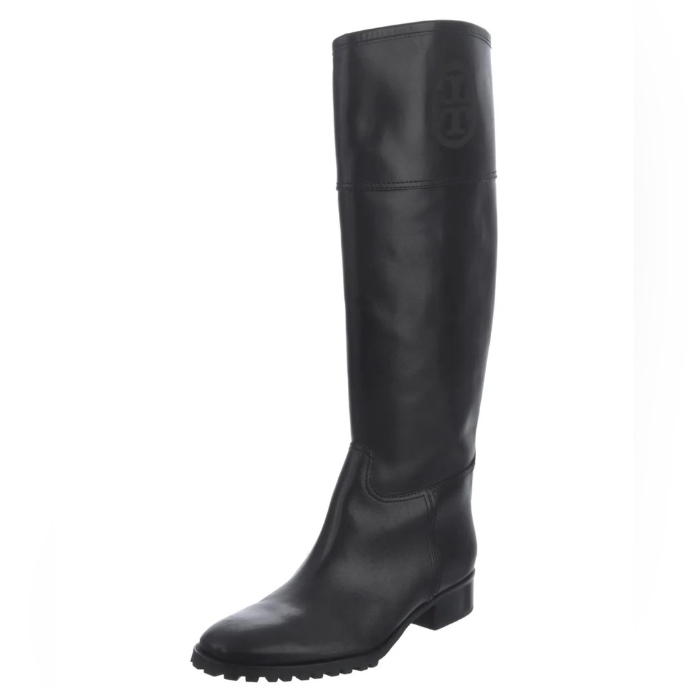 Tory Burch Black Leather Jackson Lug Tread Sole Riding Boot Knee High 9.5